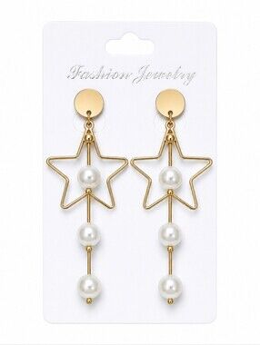 Vintage Gold Tone Star Dangle Earrings Faux Pearl Drop Statement Jewelry